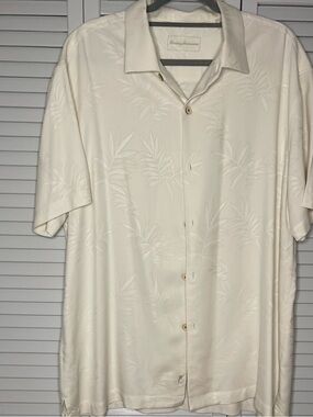 Tommy Bahama Cream Palm-Print Short-Sleeve  Hawaiian Shirt 100% Silk
